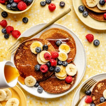pancakes on plate with fruit