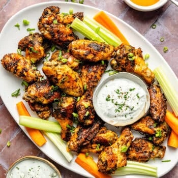 buffalo ranch wings with dip, celery, and carrots