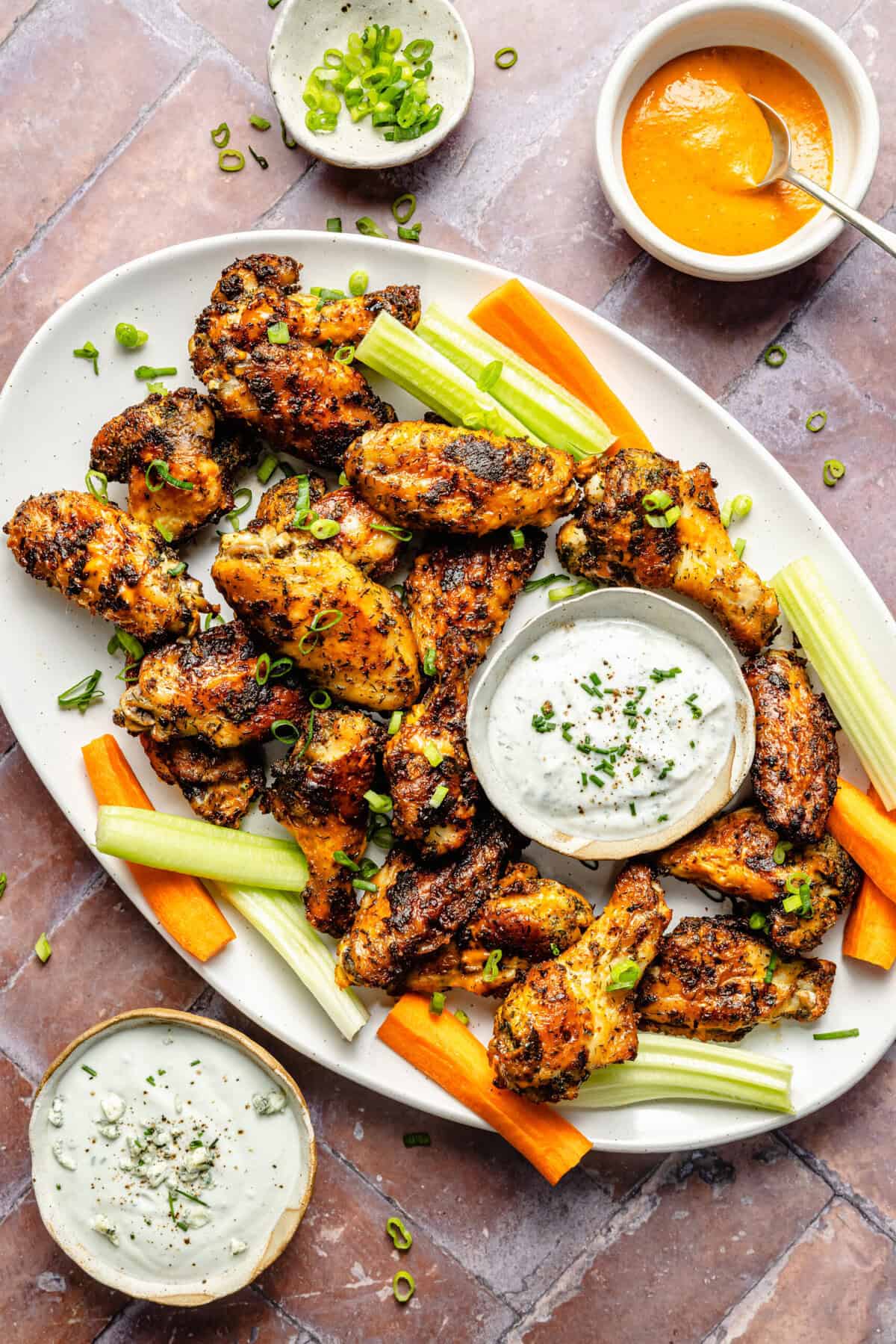 buffalo ranch wings with dip, celery, and carrots