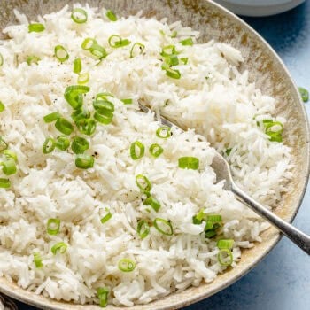 coconut rice in bowl with fork