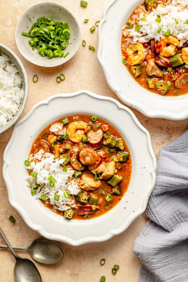gluten free gumbo in bowl with rice