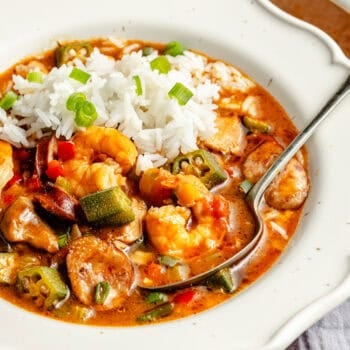 gluten free gumbo in bowl with rice