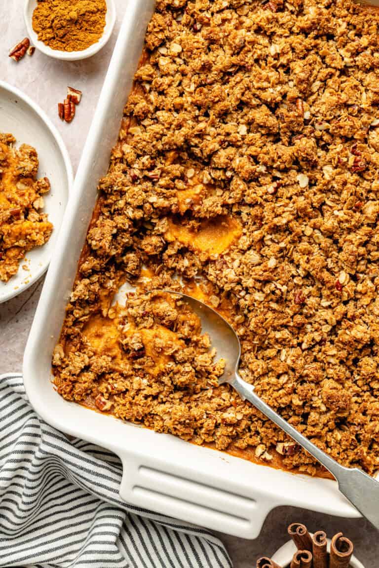 sweet potato casserole with spoon