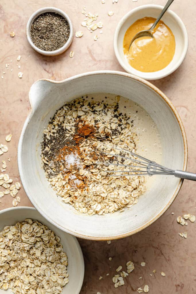 oats, chia seeds, cinnamon, and milk in a mixing