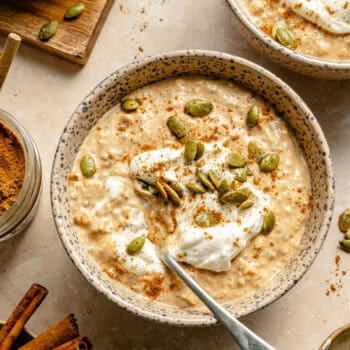pumpkin overnight oats in a bowl with toppings