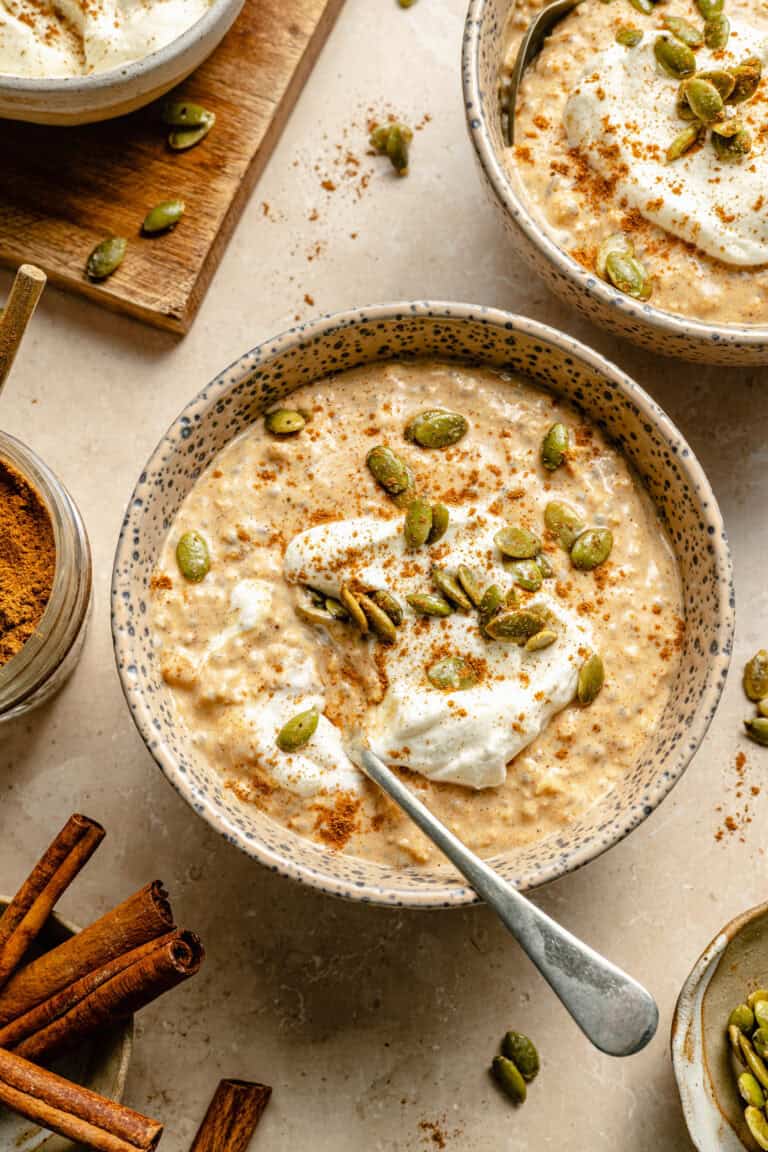 pumpkin overnight oats in a bowl with toppings