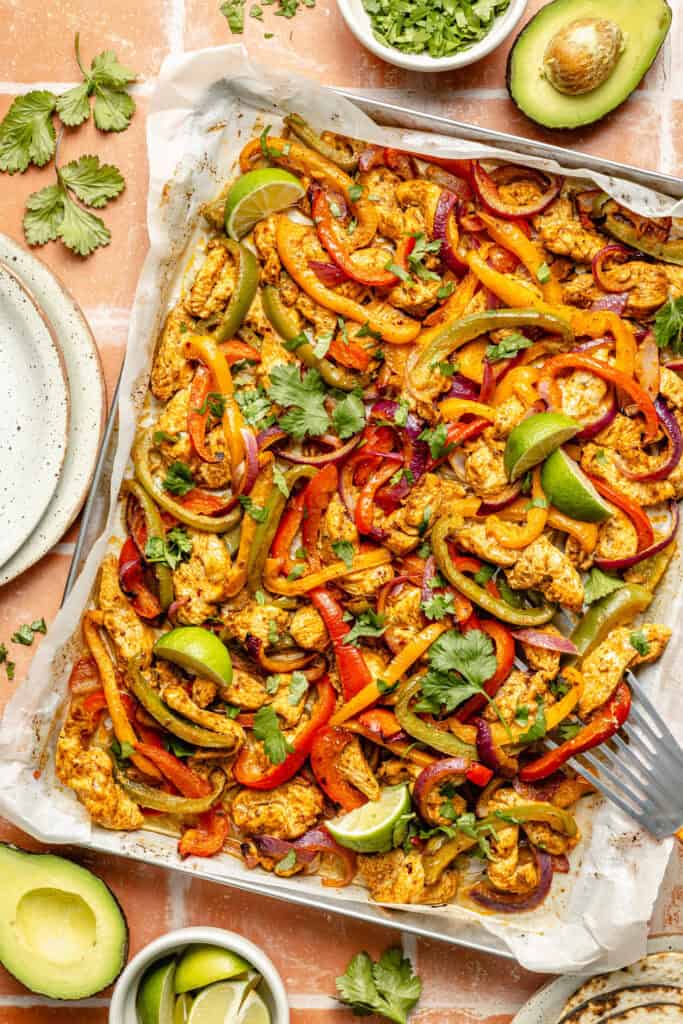chicken and veggies on sheet pan after the oven