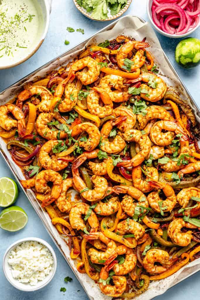 shrimp fajitas on sheet pan