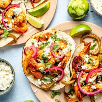 sheet pan shrimp fajitas on plate