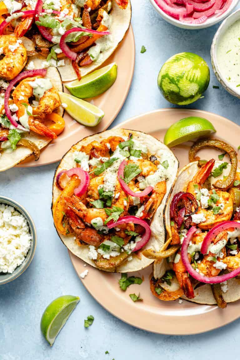 sheet pan shrimp fajitas on plate