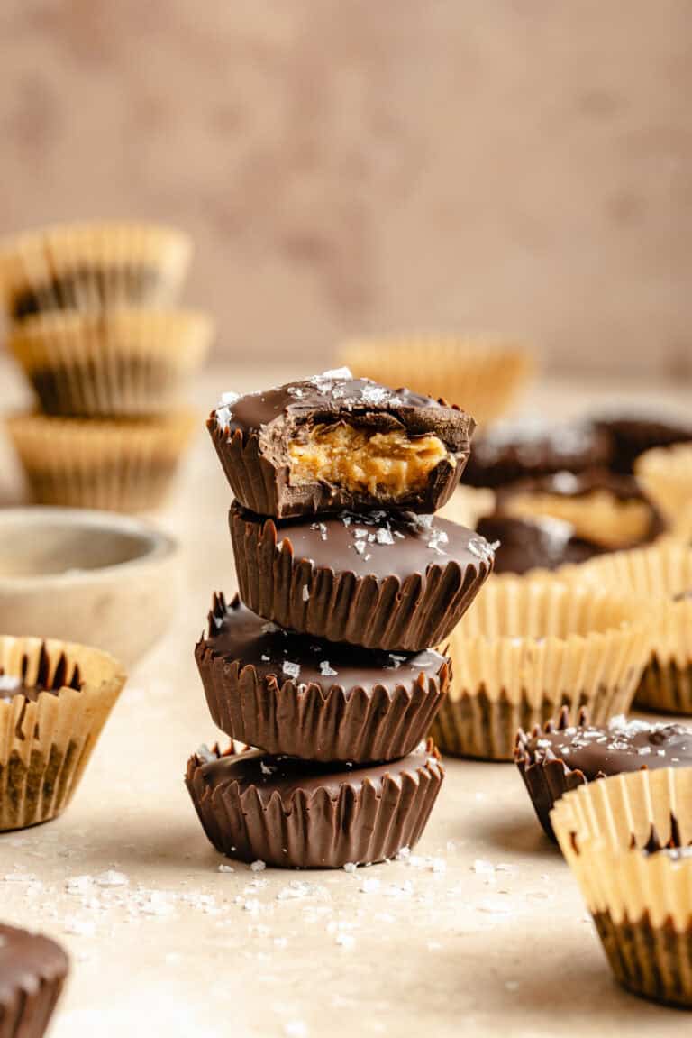 healthy peanut butter cups stacked on each other