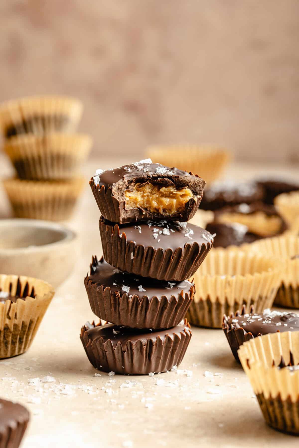 healthy peanut butter cups stacked on each other