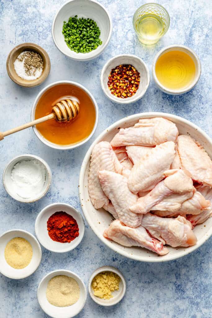 hot honey chicken wing ingredients in small bowls