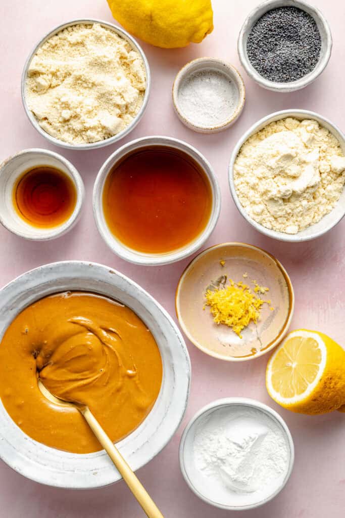 lemon poppy seed protein balls ingredients in small bowls