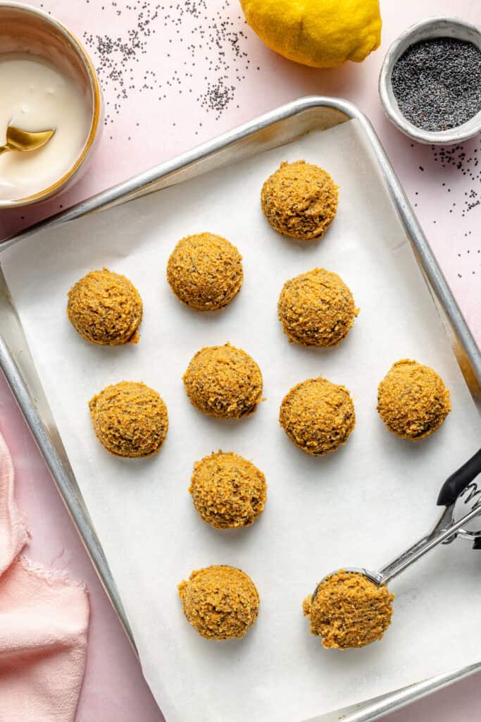 lemon poppy seed protein balls on sheet pan