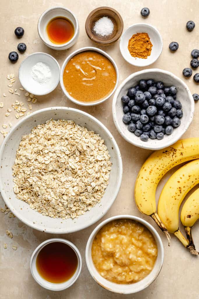 blueberry oatmeal breakfast cookie ingredients in small bowls