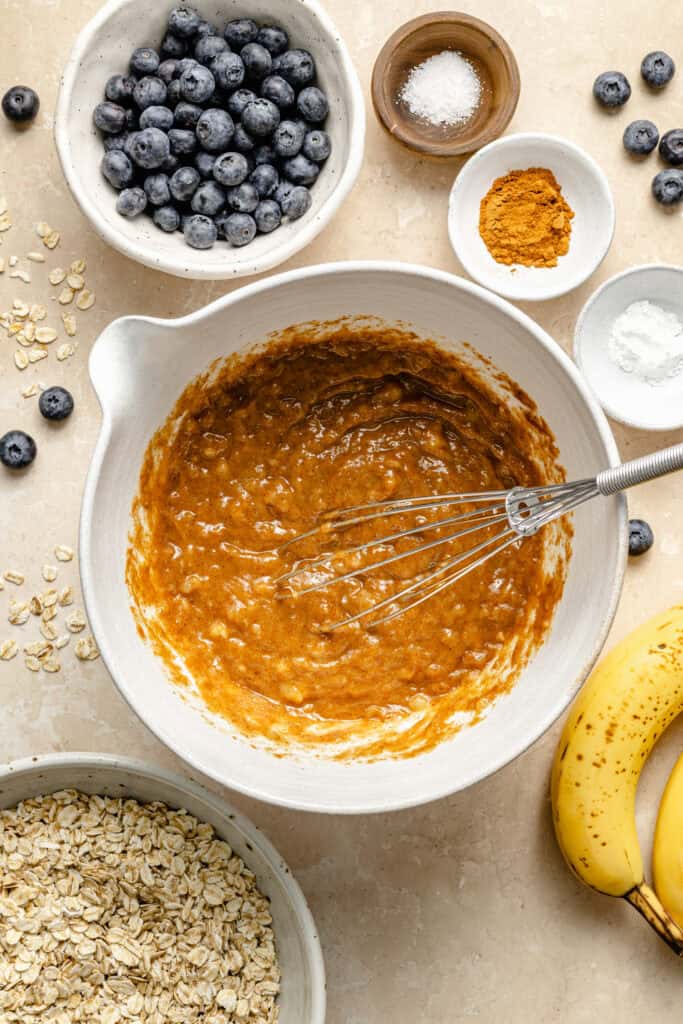 wet ingredients in mixing bowl with whisk