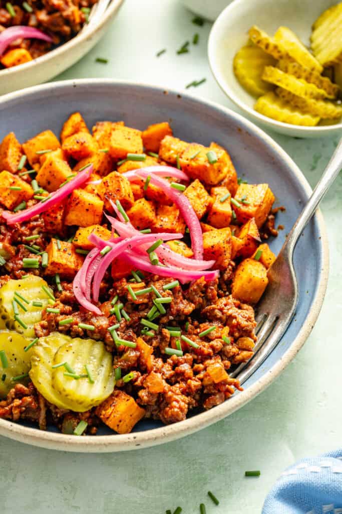 sloppy joe bowls with fork
