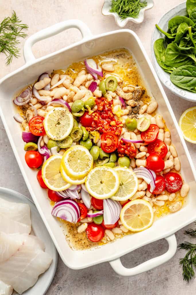 white bean mixture in baking dish