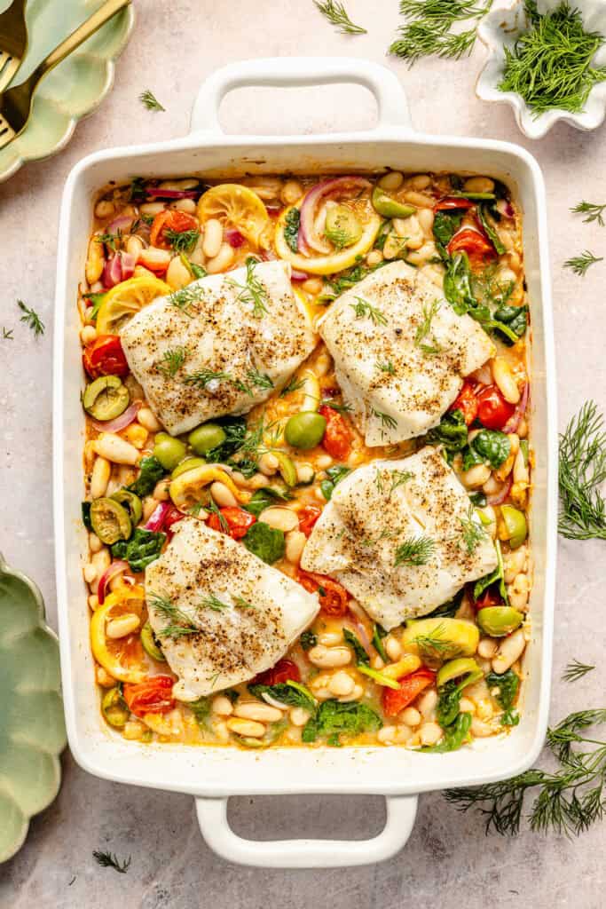cod and white beans in baking dish