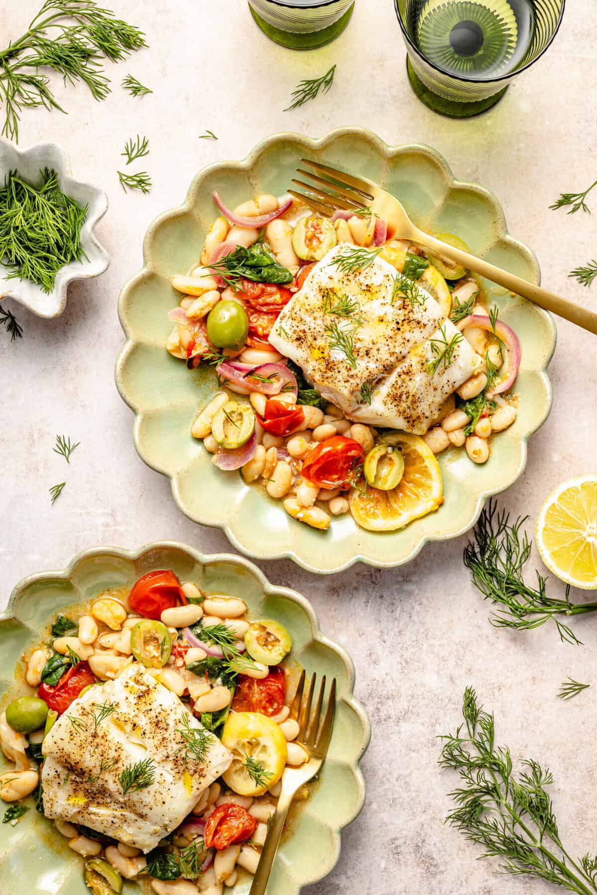 cod and white beans on plate
