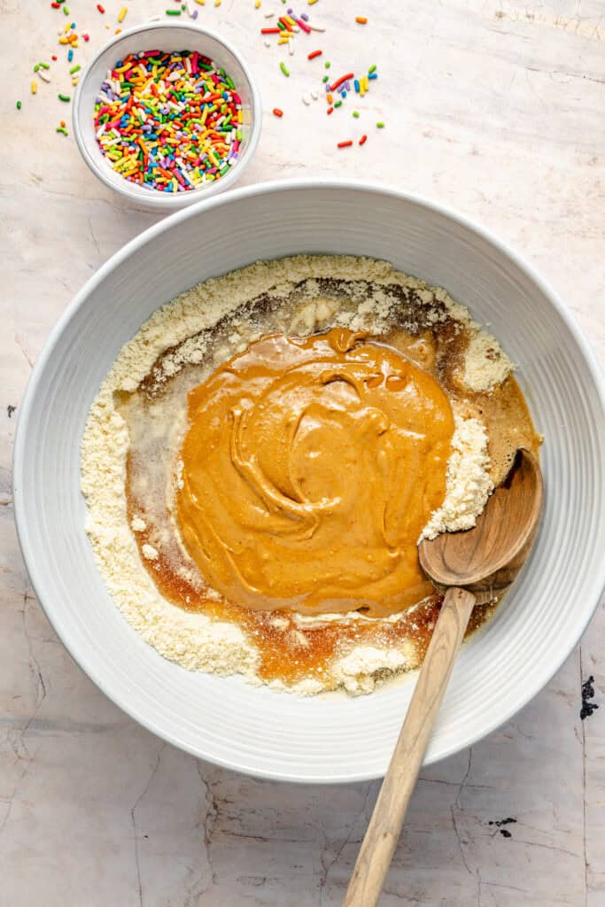 ingredients in mixing bowl with spoon