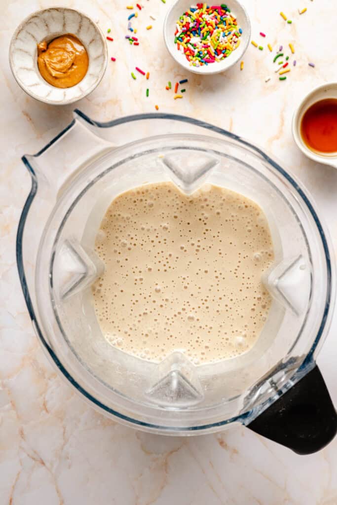 cake batter protein shake in blender