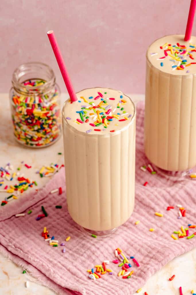 cake batter protein shake with sprinkles