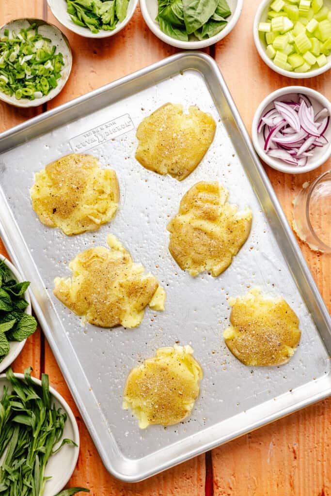 smashed potatoes on sheet pan