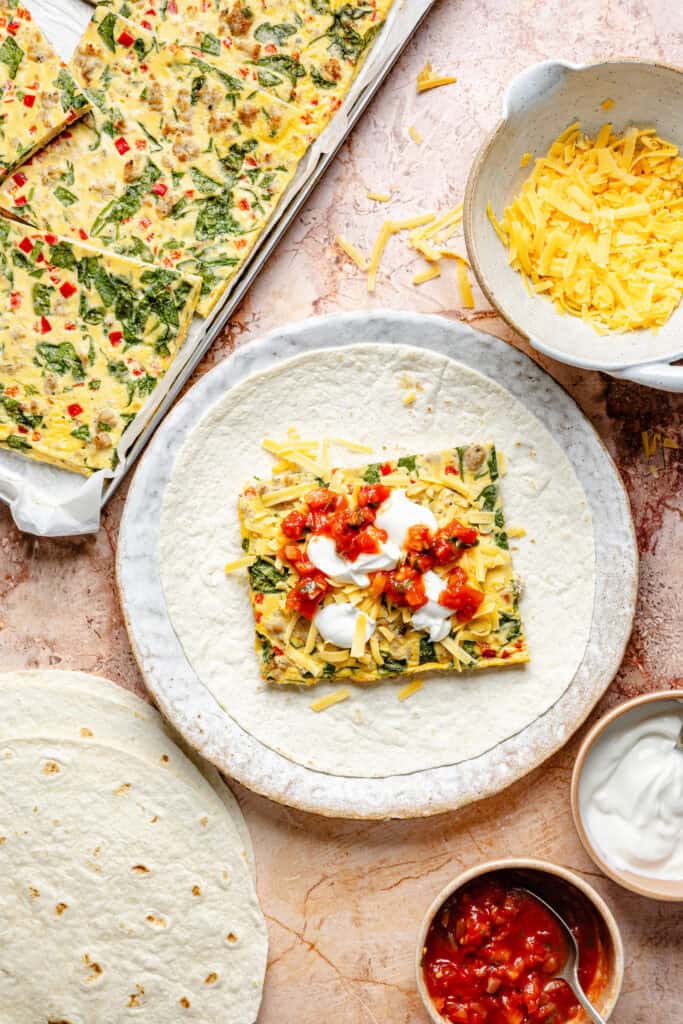 sheet pan eggs on tortilla